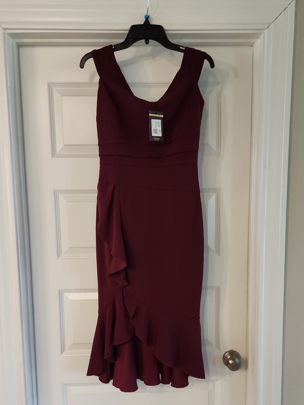 Sleeveless Burgundy Ruffle-Trim Midi Dress